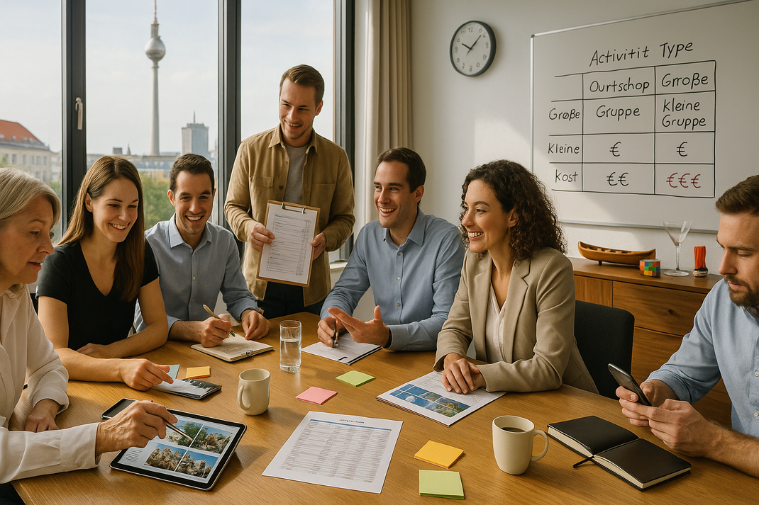 Gruppe arbeitet im Seminarraum an einem Workshop, Notizen und Unterlagen auf dem Tisch, Whiteboard mit Planungsübersicht im Hintergrund