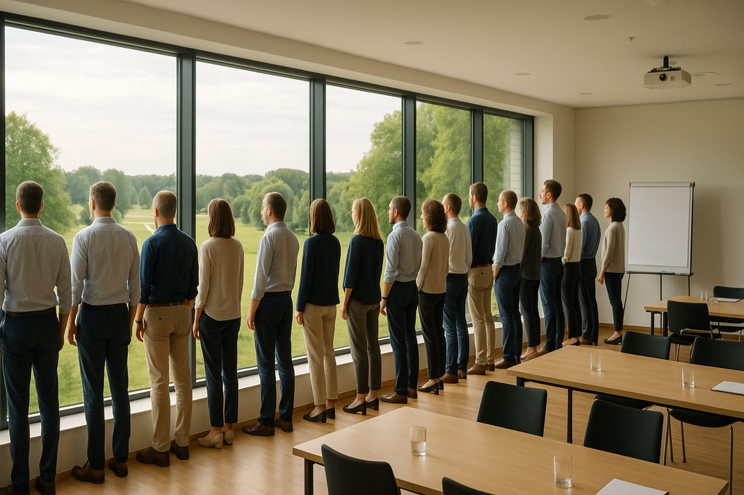 Gruppe von Personen steht nebeneinander vor großen Fenstern in einem Seminarraum und blickt nach draußen ins Grüne.