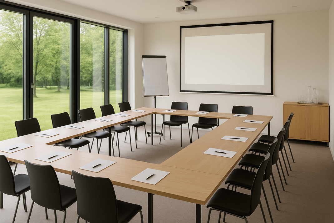 Heller Seminarraum mit U-förmig gestellten Tischen, Stühlen, Notizblättern, Flipchart und Projektionsleinwand.