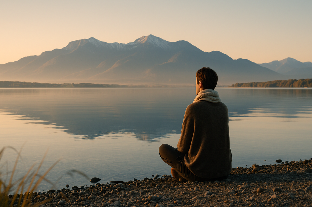 Person sitzt am Ufer eines ruhigen Sees und blickt auf eine Berglandschaft im warmen Abendlicht.