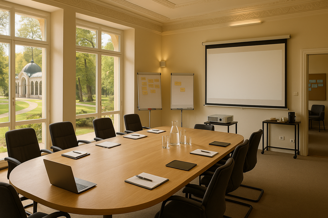 Heller Tagungsraum mit großem Konferenztisch, Notizblöcken, Flipcharts und Leinwand, Blick durch bodentiefe Fenster ins Grüne