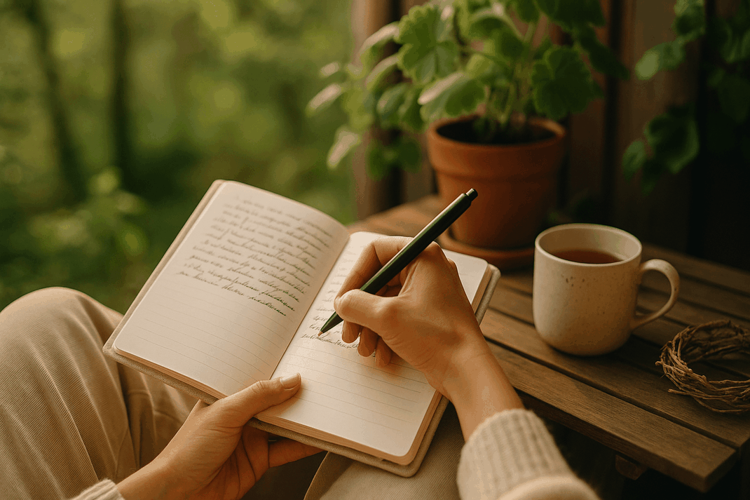 Hand hält analoges Tagebuch und Stift in ruhiger Naturumgebung, entspannte Körperhaltung, kein Smartphone sichtbar, bewusste Zeitgestaltung und authentische Offline-Aktivität symbolisierend