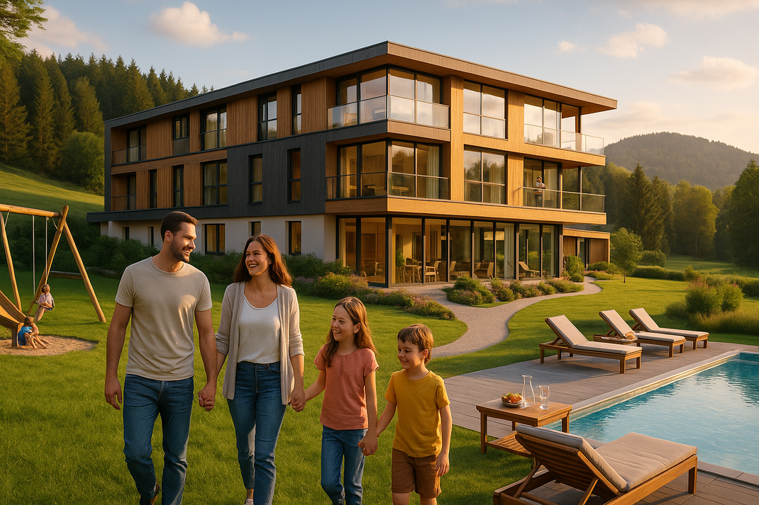 Familie spaziert über die Hotelanlage bei Abendlicht, moderner Hotelbau im Hintergrund und Pool mit Liegen am Rand