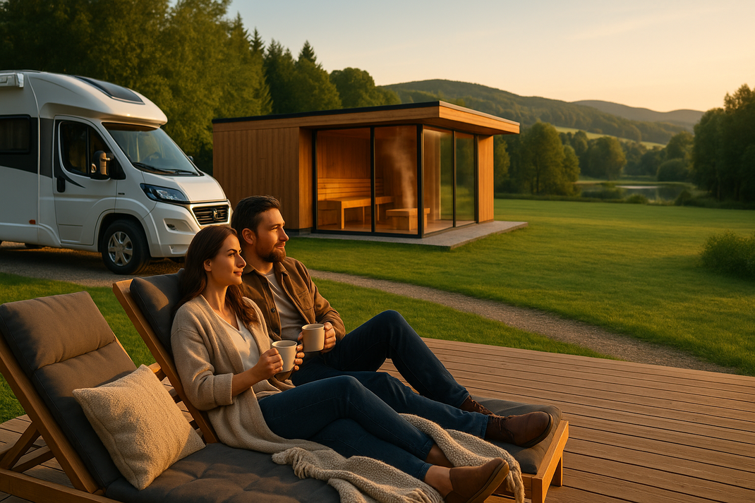 Paar entspannt auf einer Holzterrasse mit Blick ins Grüne, im Hintergrund Wohnmobil und moderne Sauna in der Natur