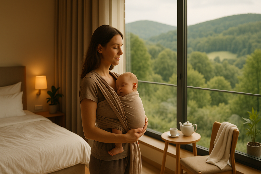 Mutter hält ein schlafendes Baby im Tragetuch am Fenster eines ruhigen Hotelzimmers mit Blick ins grüne Hügelland.