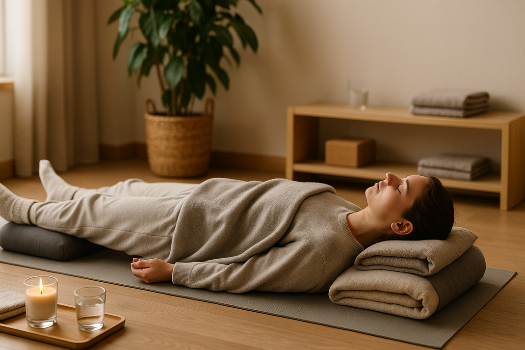 Frau liegt entspannt auf einer Yogamatte mit Kissen im ruhigen Raum – Tiefenentspannung und Regeneration im Wellnessbereich des Parkhotels Schillerhain.