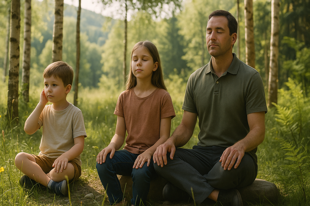 Vater meditiert mit zwei Kindern im Wald auf einer Bank, alle sitzen ruhig mit geschlossenen Augen in der Natur.
