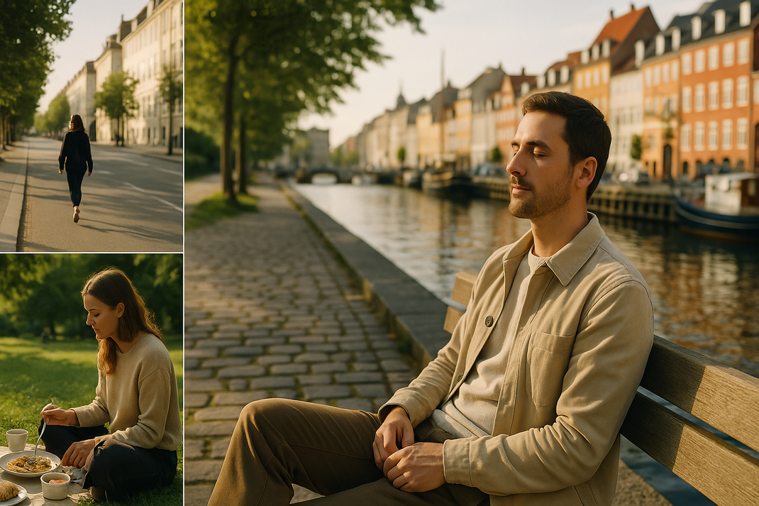 Collage mit einem Mann auf einer Bank am Kanal, einer gehenden Person auf einer ruhigen Straße und einer Frau beim Essen auf einer Wiese.