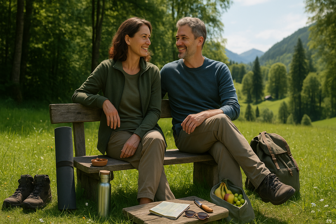 Lachendes Paar sitzt auf einer Bank in einer Wiese vor Wald- und Bergkulisse; daneben liegen Wanderschuhe, Matte, Trinkflasche, Rucksack und Obst.