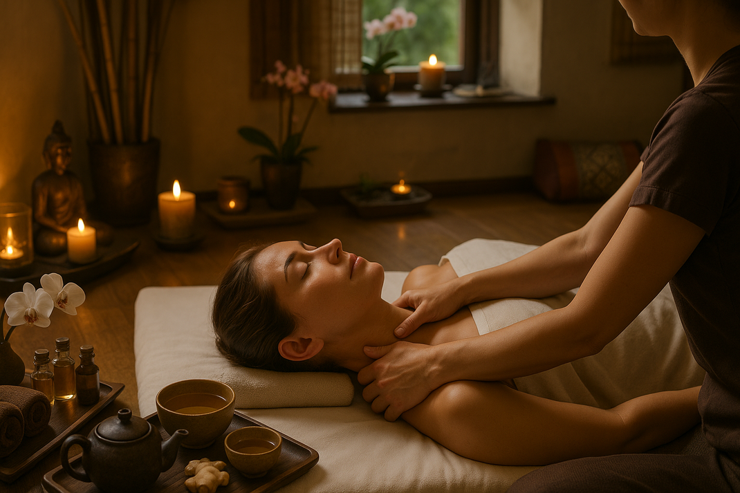 Entspannende Nacken- und Schultermassage in ruhiger Wellnessatmosphäre mit Kerzenlicht, warmen Farben und Teeservice im Hintergrund