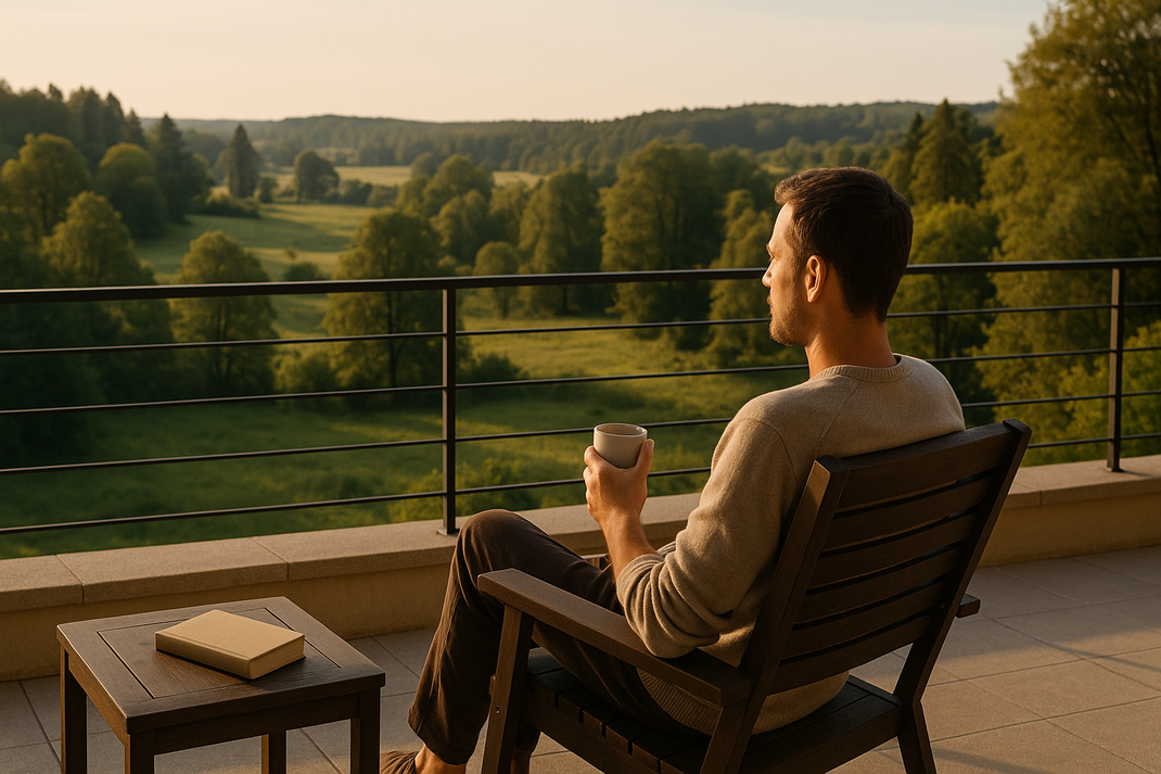 Person sitzt entspannt auf einer Bank in ruhiger Naturlandschaft mit Wald und Wiese, diffuses weiches Licht, friedliche Atmosphäre, meditative Ruhe