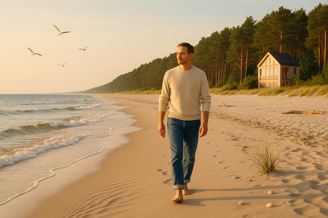 Mann geht barfuß am Strand entlang, sanfte Wellen und Abendlicht sorgen für eine ruhige, entspannte Stimmung