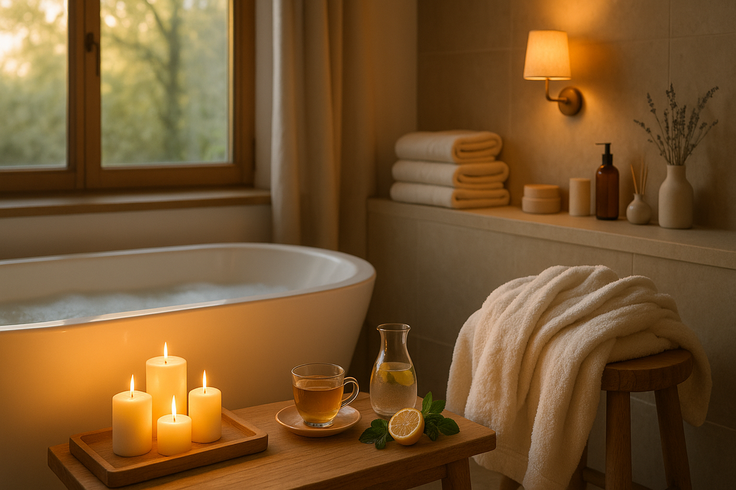 Wellness-Badezimmer mit freistehender Badewanne, Kerzenlicht, Tee und Wasser mit Zitrone; flauschige Handtücher liegen bereit für ein entspannendes Bad.