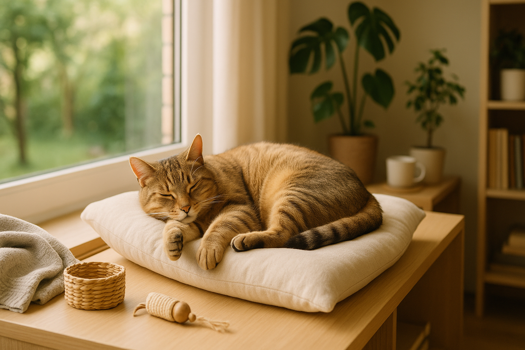 Schlafende getigerte Katze liegt auf einem Kissen am Fenster, weiches Tageslicht, Spielzeug und Zimmerpflanzen im Hintergrund