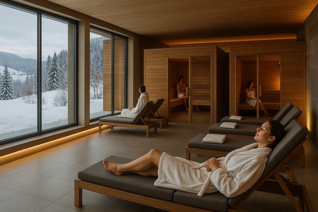 Wellnessbereich mit Liegen und Saunakabinen, mehrere Personen entspannen im Bademantel, durch die Fenster ist eine verschneite Landschaft sichtbar.