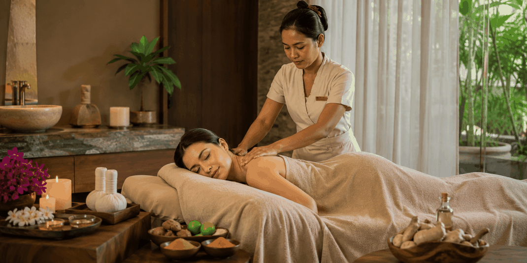 Frau genießt eine entspannende Ayurveda-Massage in einem ruhigen Wellnessraum mit Kerzen, Kräuterstempeln und natürlichen Pflegeprodukten.