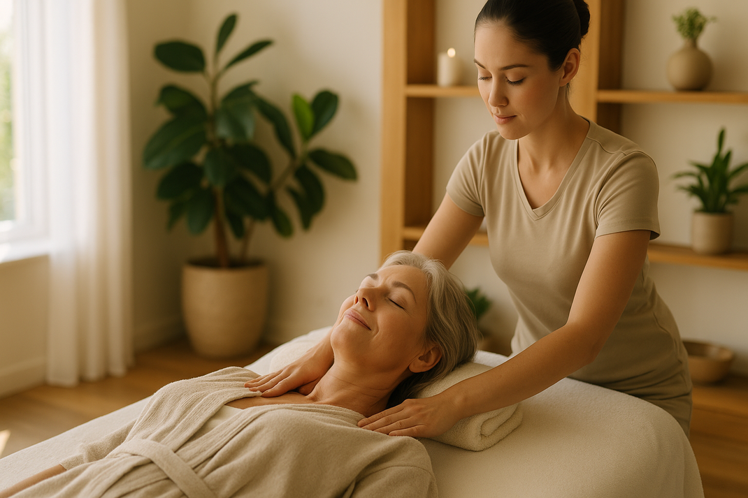 Entspannte Frau bei wohltuender Massage in ruhigem Spa-Raum mit natürlichem Licht und Pflanzen während eines Wellness und Beauty Wochenendes