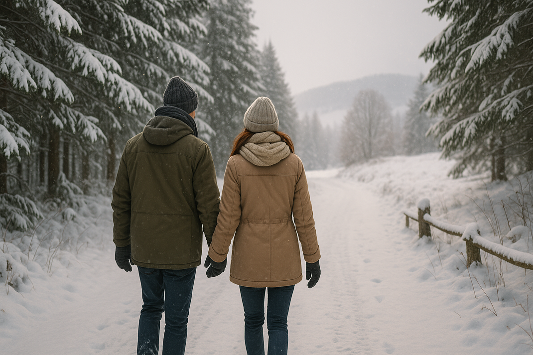 Zwei Personen gehen Hand in Hand auf einem verschneiten Waldweg zwischen schneebedeckten Bäumen.