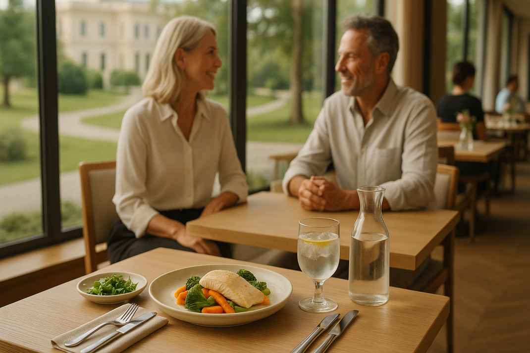 Paar sitzt im hellen Restaurant am Fenster und unterhält sich, im Vordergrund Teller mit Fischgericht, Salat und Wasser auf dem Tisch