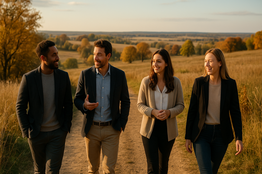 Vier Menschen gehen gemeinsam lachend über einen Feldweg durch eine offene Landschaft bei warmem Abendlicht.