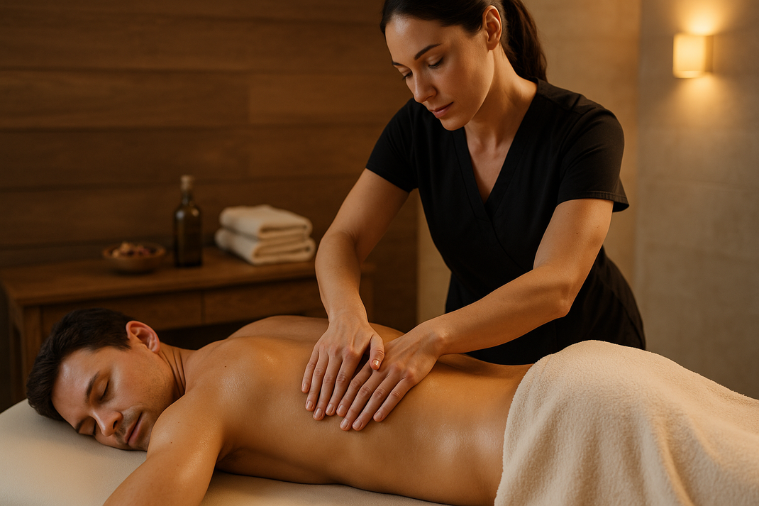 Gast genießt eine entspannende Rückenmassage im Wellnessbereich – wohltuende Auszeit im Parkhotel Schillerhain in der Pfalz.