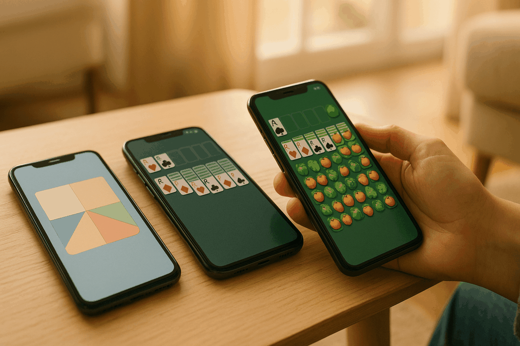 Drei Smartphones nebeneinander auf hellbeigem Holztisch mit verschiedenen Spieloberflächen sichtbar, warmes Tageslicht von oben, minimalistische entspannte Komposition
