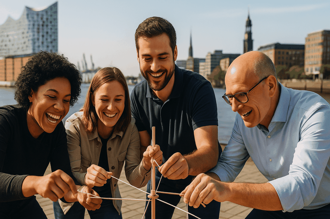 Diverse Gruppe von Mitarbeitenden bei einem Teamevent in Hamburg, zusammenarbeitend und engagiert in einer urbanen Location