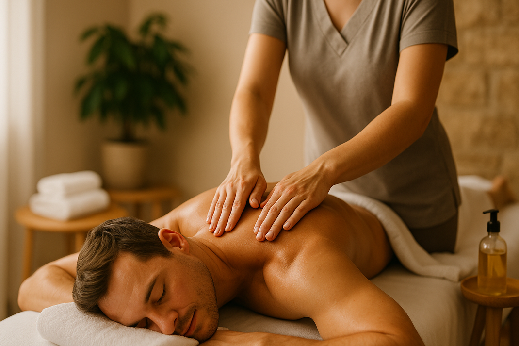 Mann liegt auf einer Massageliege und wird am Rücken massiert, im Hintergrund Handtücher und eine Pflanze.