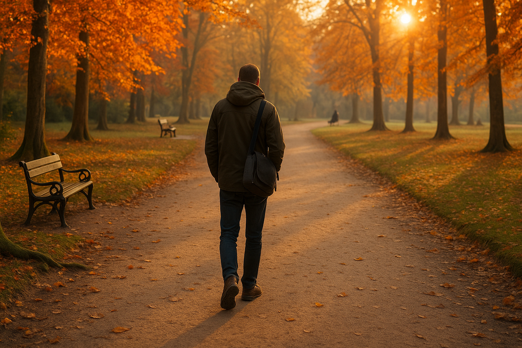 Spaziergänger geht im Herbst durch einen Park mit goldenen Bäumen im Abendlicht – Naturerlebnis rund um das Parkhotel Schillerhain.