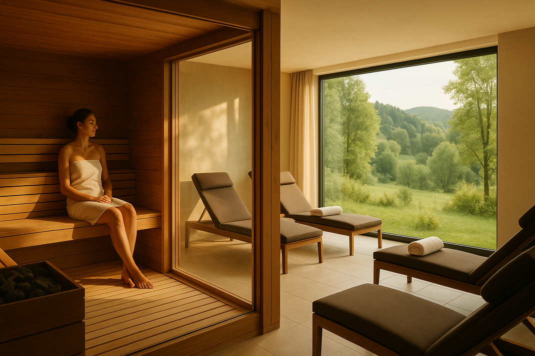 Ruhiger Wellnessbereich mit Holzsauna und großen Fenstern mit Blick auf grüne Natur bei sanftem Tageslicht während eines erholsamen Wochenendes