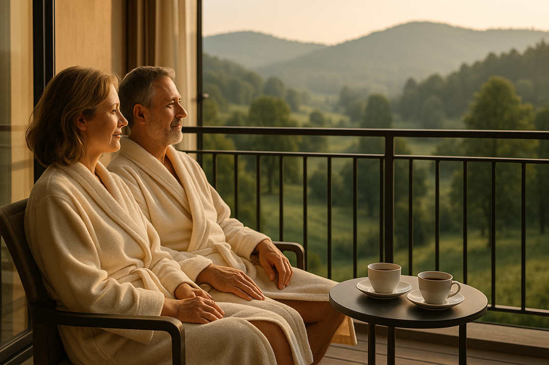 Paar in Bademänteln sitzt entspannt auf Balkon mit Blick auf grüne Natur, Teetassen in der Hand, ruhige Morgenstimmung