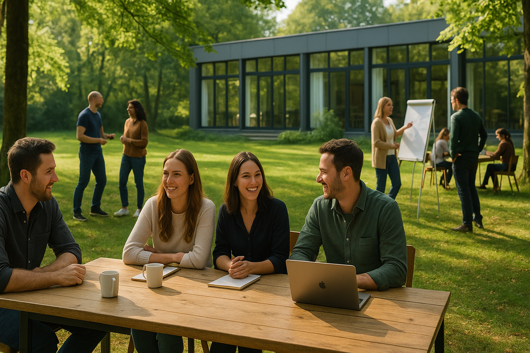 Ein Team kommt zusammen in grüner Naturumgebung, Menschen arbeiten an Holztischen unter freiem Himmel, moderne Seminarräume mit Parkblick, gemeinsame Mahlzeiten, entspannte Atmosphäre mit echten Begegnungen, Raum für persönlichen Austausch.