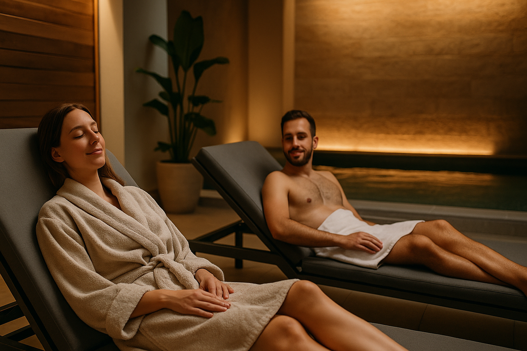 Frau und Mann liegen entspannt auf Liegen in einem Spa-Bereich, die Frau trägt einen Bademantel, der Mann ist mit einem Handtuch bedeckt.