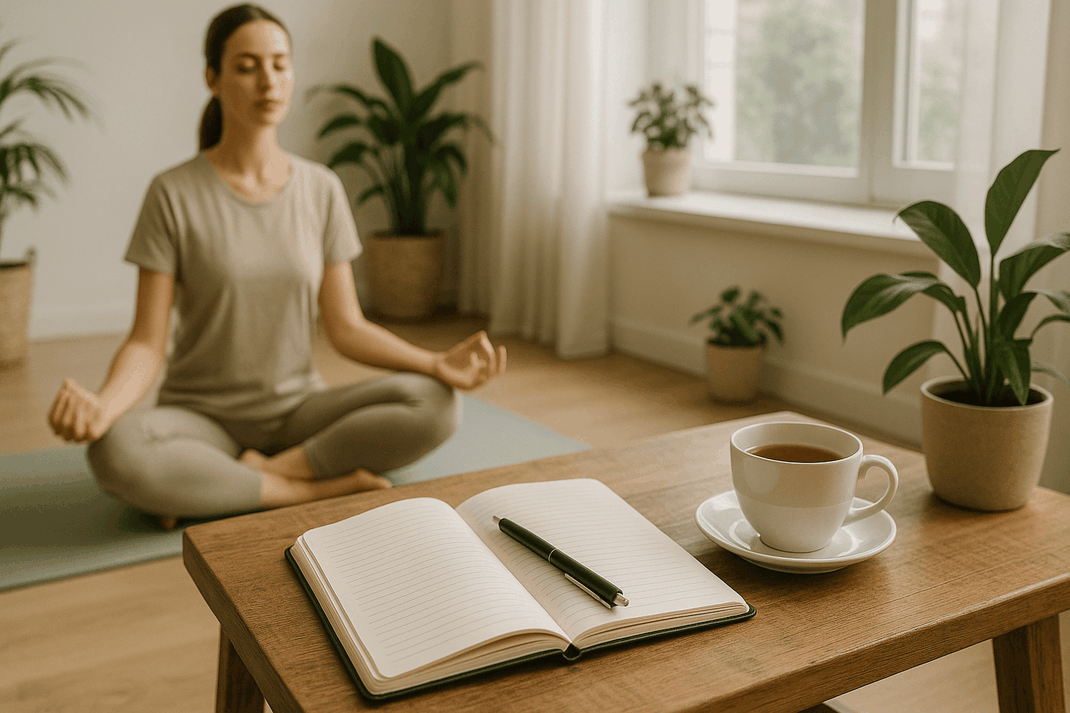 Harmonische Szene mit verschiedenen Entspannungspraktiken: Person im Hintergrund beim sanften Yoga, Tagebuch mit Stift und Tasse Tee auf hölzernem Tisch, großes Fenster mit natürlichem Licht, grüne Pflanzen, aufgeräumter ruhiger Raum