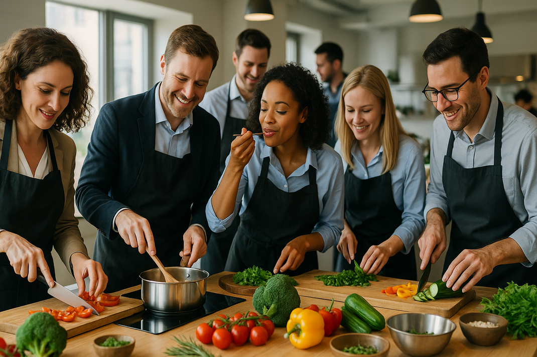 Business-Team bei gemeinsamem Kochkurs in moderner Event-Küche, diverse Gruppe in Schürzen bereitet Gericht zu, frische Zutaten auf Arbeitsflächen, natürliches Licht durch Fenster, entspannte Teamarbeit, fotorealistisch