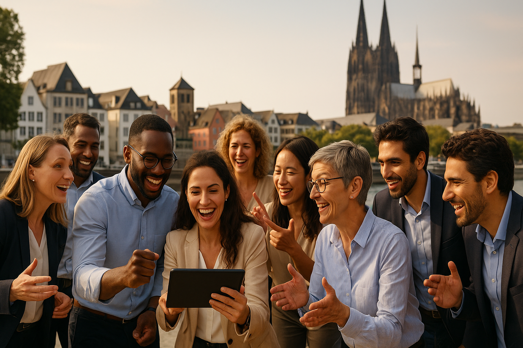 Professionelles Business-Team bei interaktiver Stadtrallye in der Kölner Altstadt, diverse Gruppe mit Tablets bei kooperativer Aufgabe am Rheinufer, Kölner Dom dezent im Hintergrund, natürliches Tageslicht, lebendige Atmosphäre, fotorealistisch