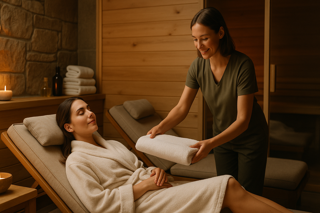 Warmer, herzlicher NaturSPA-Raum mit Wellness-Elementen, Sauna und Ruhebereich in Naturholz-Tönen, authentische Entspannungs-Atmosphäre.