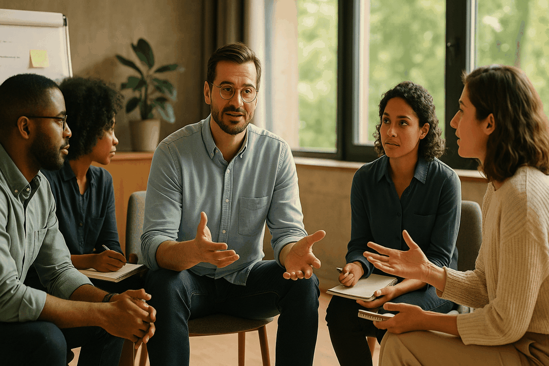 Moderator leitet konstruktive Reflexionsrunde nach einer Teambuilding-Aktivität, Mitarbeitende sitzen im Kreis und diskutieren gemeinsame Erfahrungen und Lernerkenntnisse.