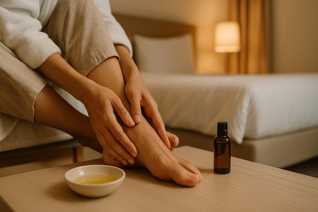 Person bei einer ruhigen Selbstmassage der Füße mit verdünntem ätherischem Öl in einem Hotelzimmer, warmes Licht, entspannte Atmosphäre nach einem Workshop-Tag im Offsite