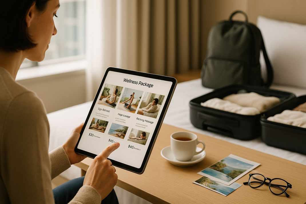 Person sitzt am Tisch und betrachtet auf einem Tablet verschiedene Wellness-Angebote, daneben Koffer, Tasse und Postkarten.
