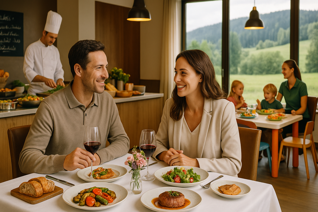 Paar sitzt im Restaurant am gedeckten Tisch mit Wein und warmen Speisen, im Hintergrund Buffet und Fensterblick ins Grüne