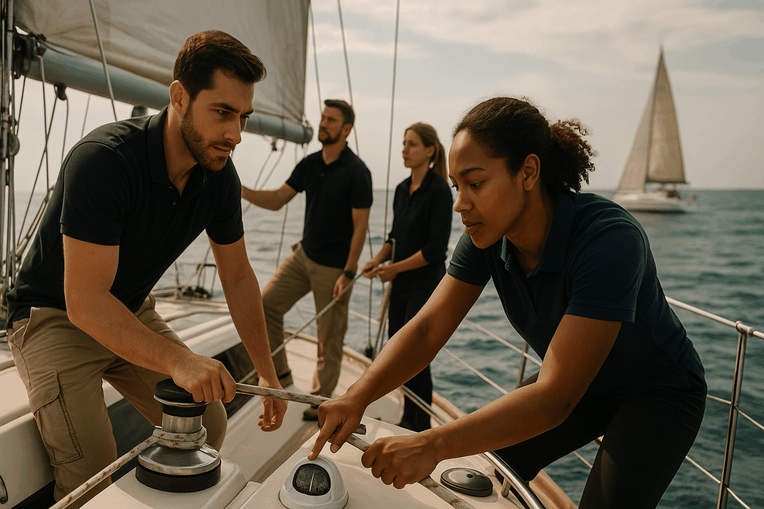 Zwei Teilnehmer arbeiten gemeinsam an einer Segelwinde, während das Team das Segelboot auf Kurs hält.