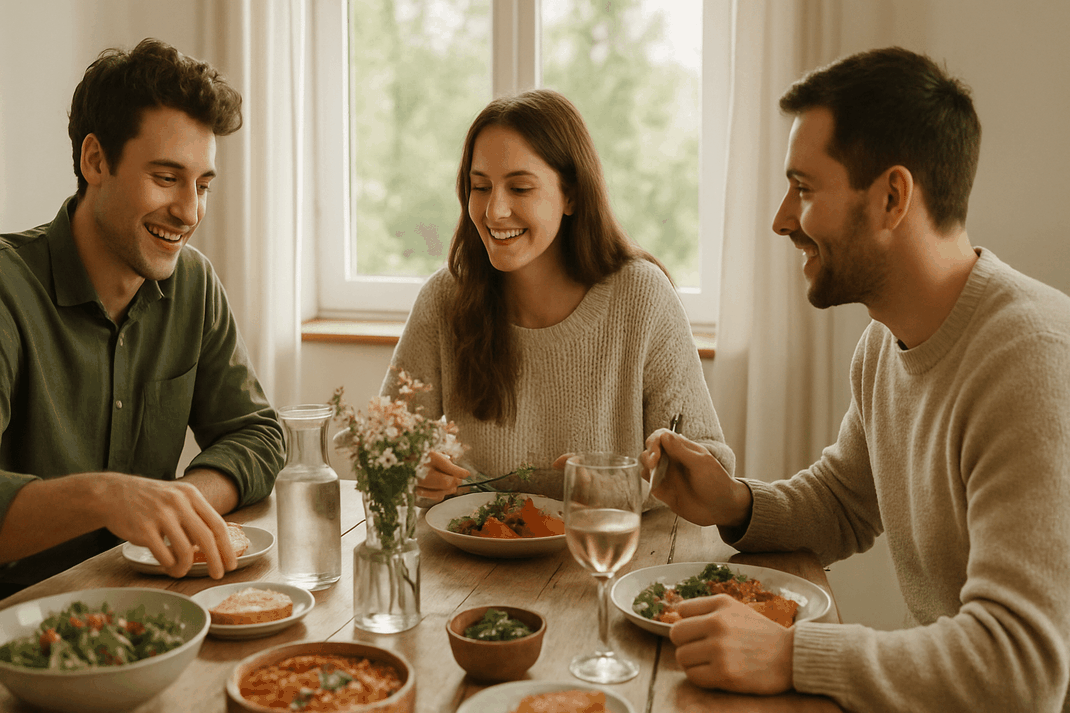 Drei junge Erwachsene sitzen gemeinsam beim Essen, lachen und verbringen nach dem Abitur eine entspannte Zeit miteinander.