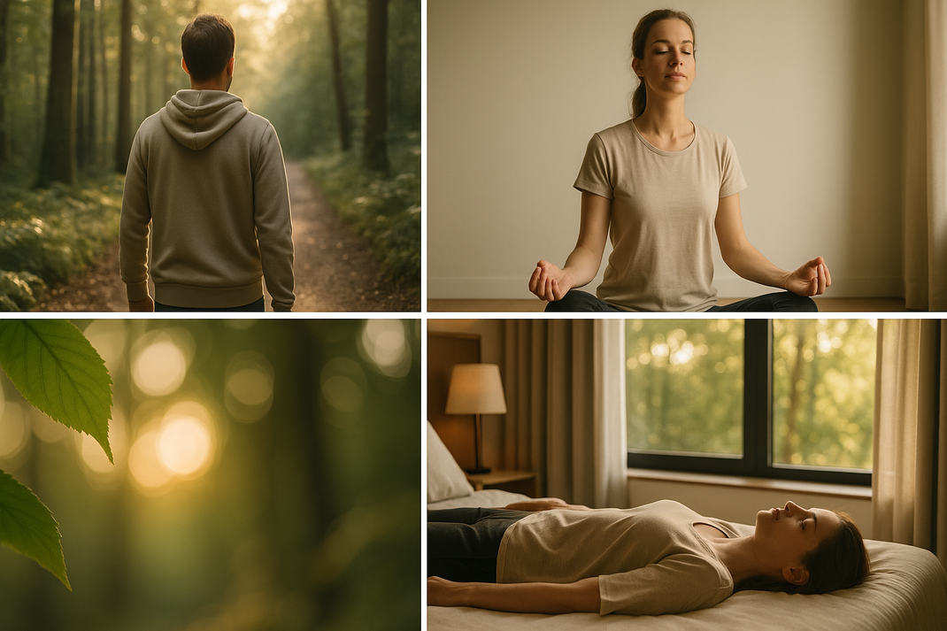 Collage mit einer Person auf einem Waldweg, einer meditierenden Frau, einem Blatt im Sonnenlicht und einer ruhenden Frau auf einem Bett.