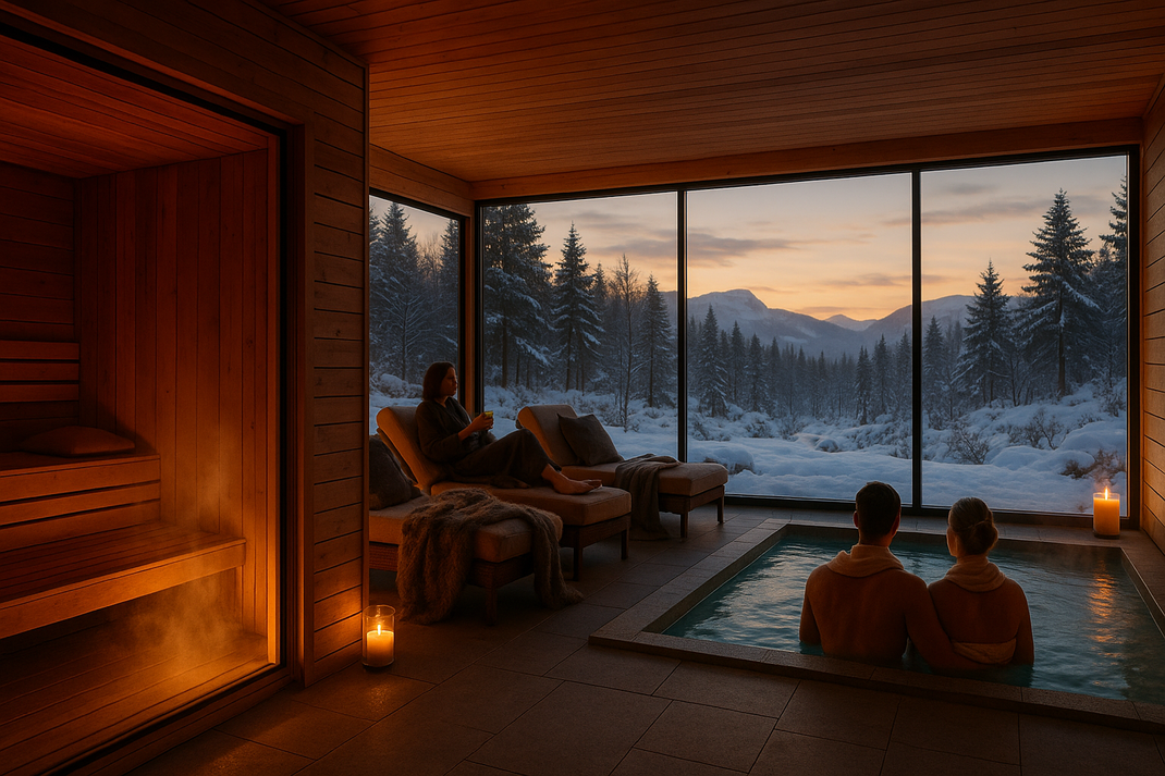 Gemütlicher Wellnessbereich mit Sauna, Ruhezone und Indoor-Pool, draußen verschneiter Wald und Berge im Abendlicht.