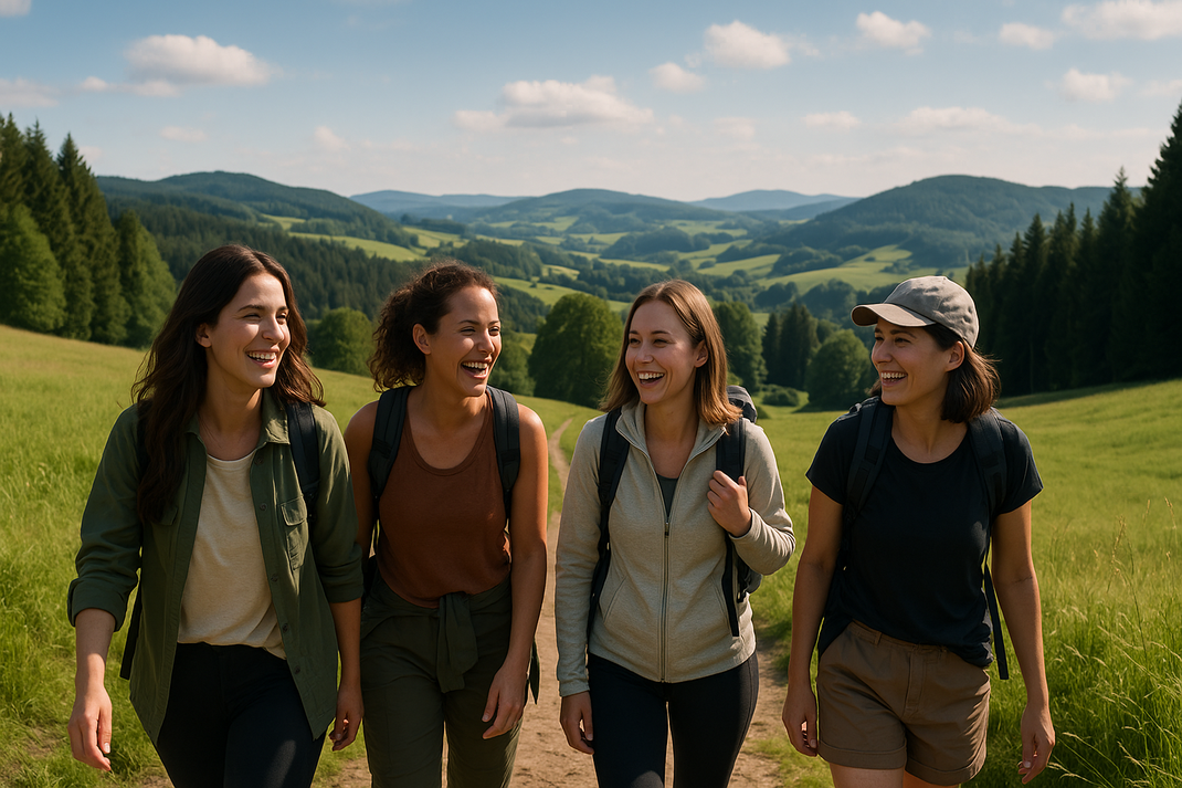 Vier Frauen mit Rucksäcken wandern gemeinsam lachend auf einem Weg durch eine hügelige Landschaft mit Wiesen und Wäldern.