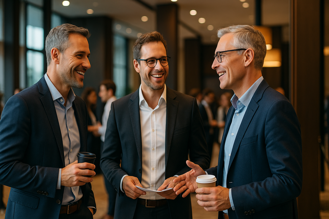 Drei Männer in Business-Kleidung unterhalten sich bei einer Veranstaltung in einem modernen Innenraum und halten Kaffeebecher in der Hand.