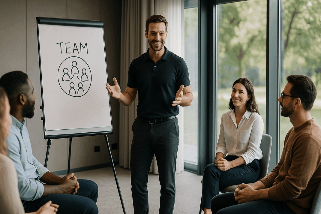 Teambuilding-Coach erklärt einer Gruppe anhand eines Flipcharts die Grundlagen erfolgreicher Zusammenarbeit im Team.