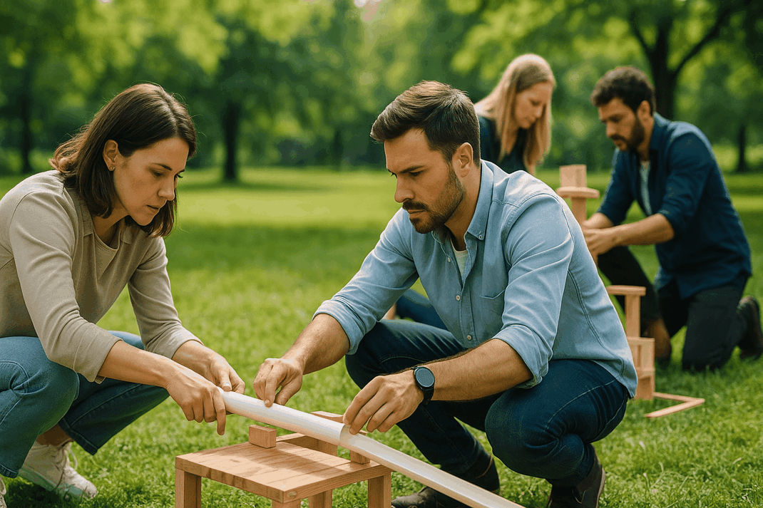 Zwei Teilnehmer bauen gemeinsam an einer Floßkonstruktion, während weitere Teammitglieder im Hintergrund Bauteile zusammensetzen.