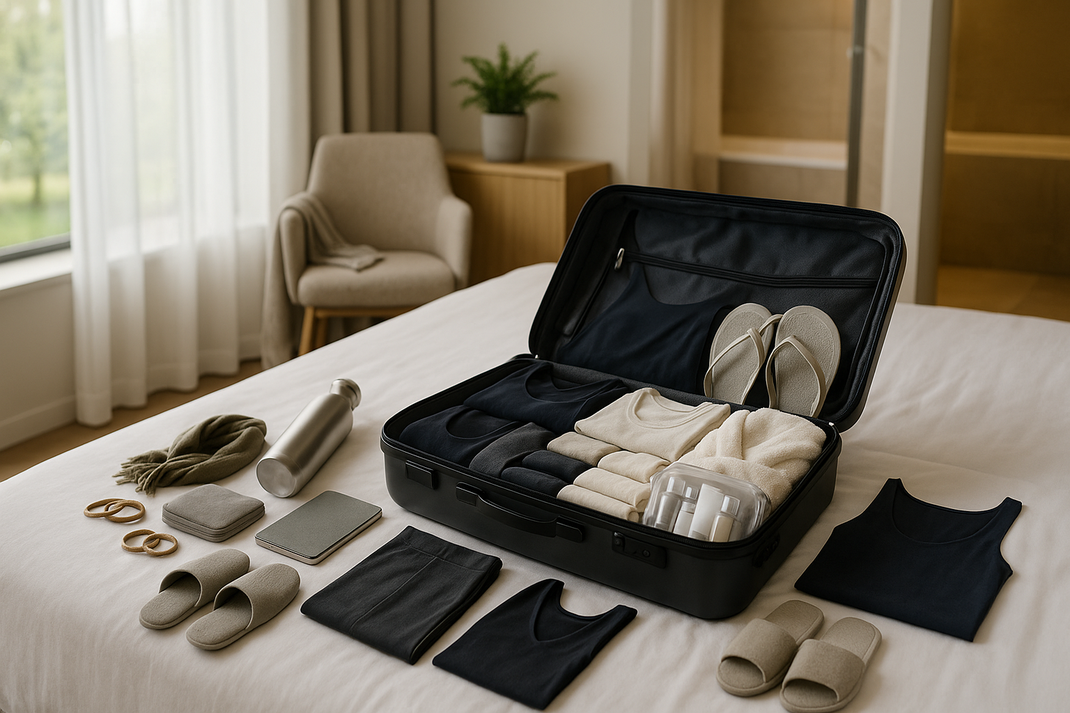 Offener Koffer auf einem Bett mit ordentlich gefalteter Kleidung, Hausschuhen und verschiedenen Gegenständen daneben.
